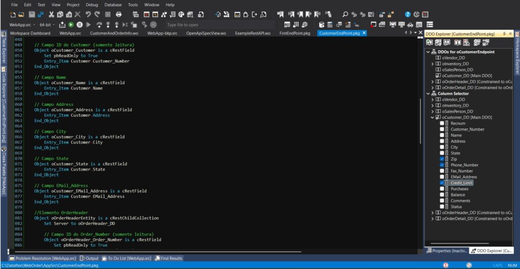 Tela do Dataflex Studio com recurso de arrastar e soltar para criar endpoints de APIs RestFull.
