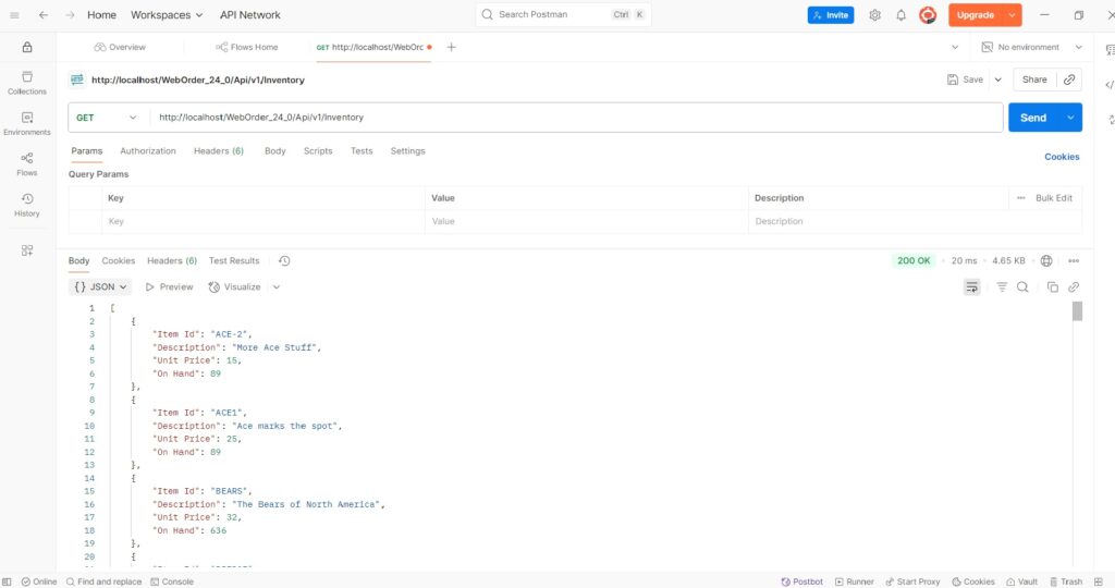 Exemplo no Postman com requisição GET para endpoint de inventário em uma API RestFull Dataflex.