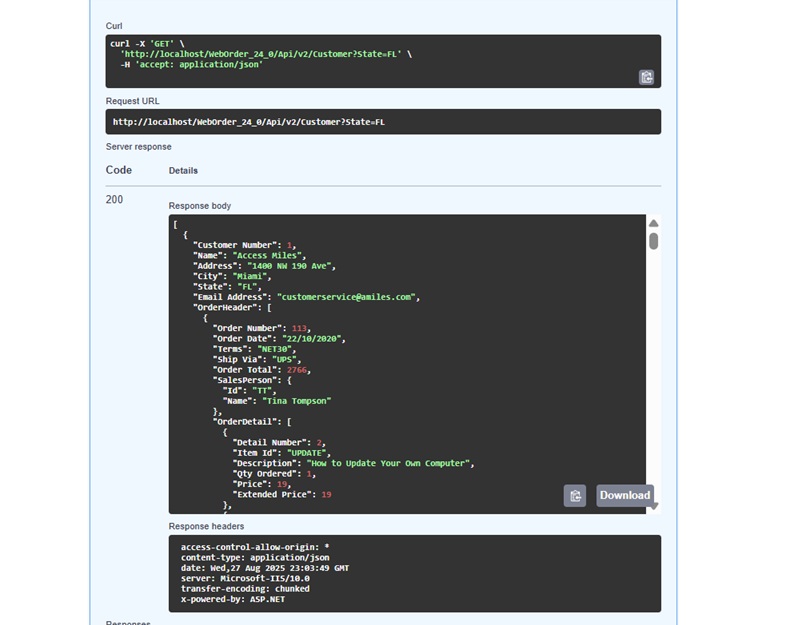 Resposta JSON complexa no Swagger UI com dados relacionados de uma API RestFull Dataflex.